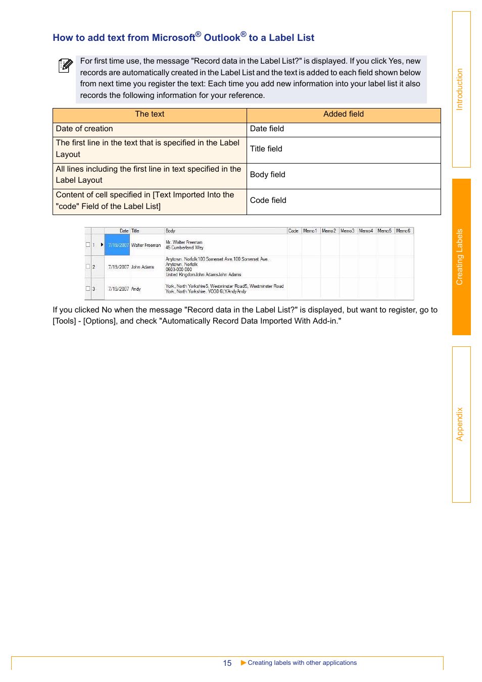 How to add text from microsoft, Outlook | Brother PT-18RKT User Manual | Page 15 / 32