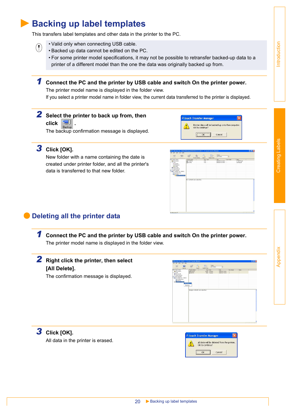 Backing up label templates, Deleting all the printer data | Brother PT-18RKT User Manual | Page 20 / 32