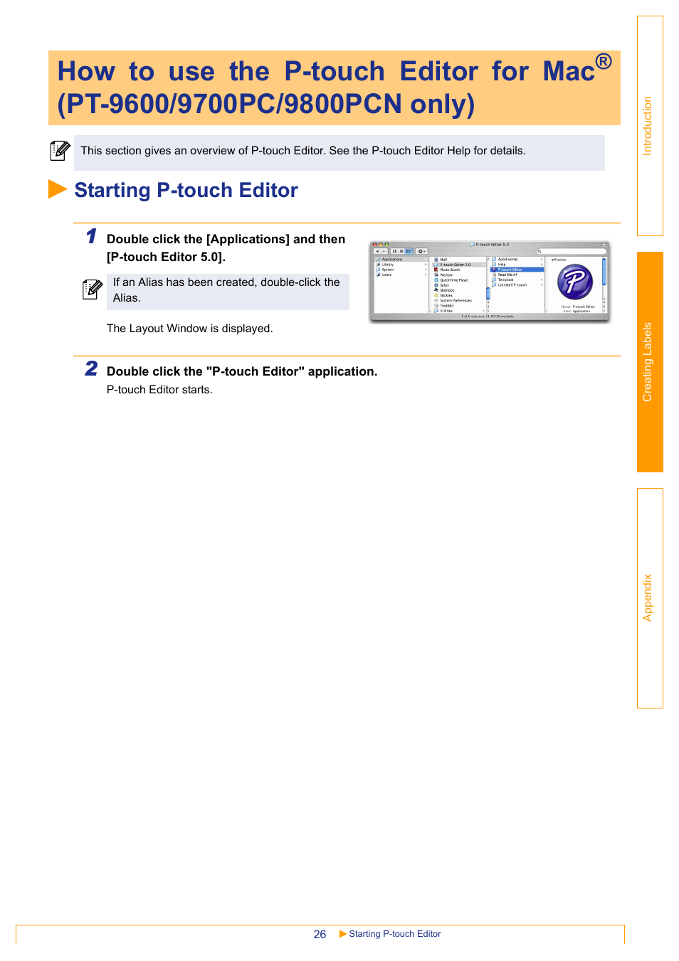 Starting p-touch editor, How to use the p-touch editor for mac, Pt-9600/9700pc/9800pcn only) | Starting p-touch editor 1 | Brother PT-18RKT User Manual | Page 26 / 32