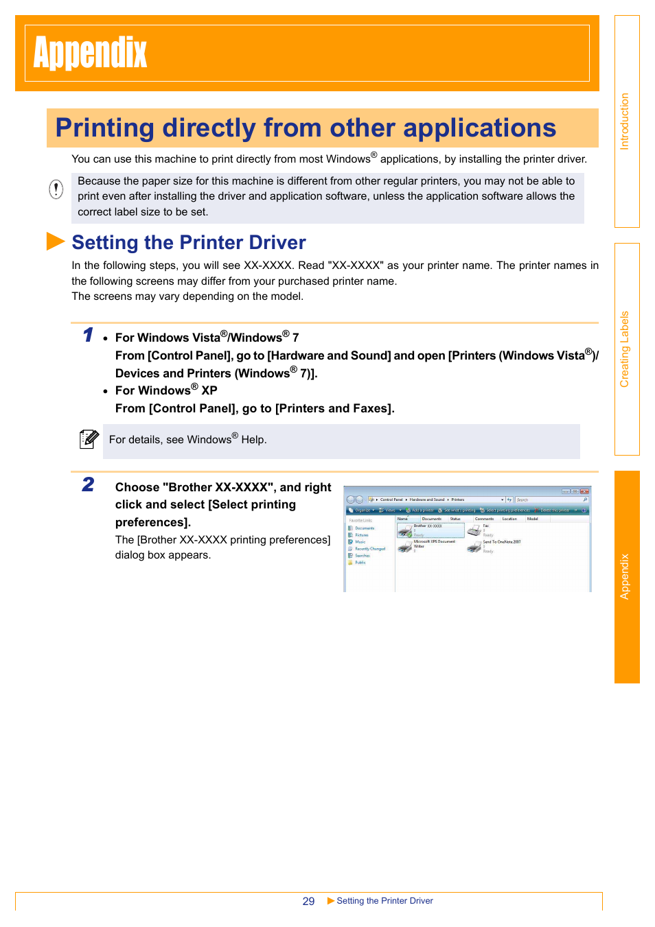 Appendix, Printing directly from other applications, Setting the printer driver | Ndix | Brother PT-18RKT User Manual | Page 29 / 32