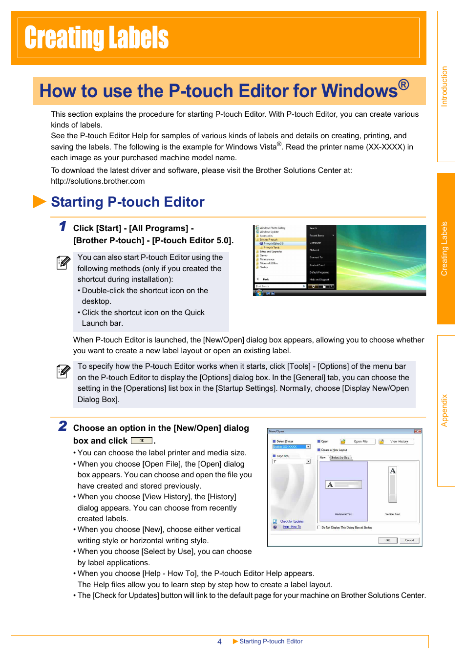 Creating labels, How to use the p-touch editor for windows, Starting p-touch editor | G la, Starting p-touch editor 1 | Brother PT-18RKT User Manual | Page 4 / 32