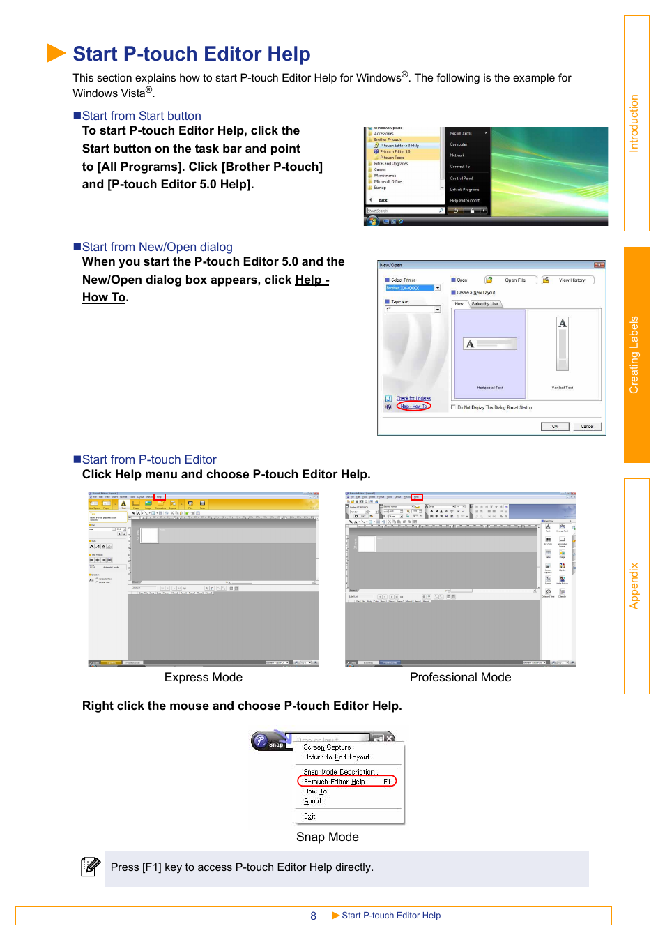 Start p-touch editor help | Brother PT-18RKT User Manual | Page 8 / 32