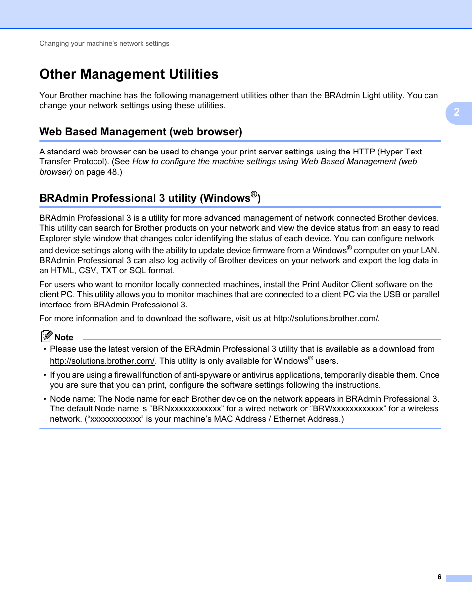 Other management utilities, Web based management (web browser), Bradmin professional 3 utility (windows®) | Bradmin professional 3 utility (windows | Brother MFC 7460DN User Manual | Page 11 / 82