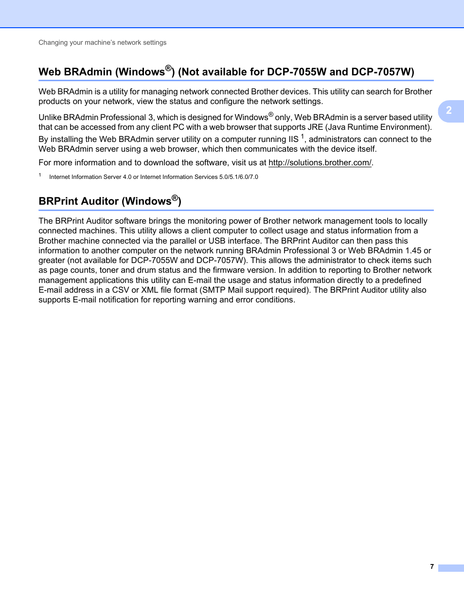 Brprint auditor (windows®), Web bradmin (windows, Not available for dcp-7055w and dcp-7057w) | Brprint auditor (windows, 2web bradmin (windows | Brother MFC 7460DN User Manual | Page 12 / 82