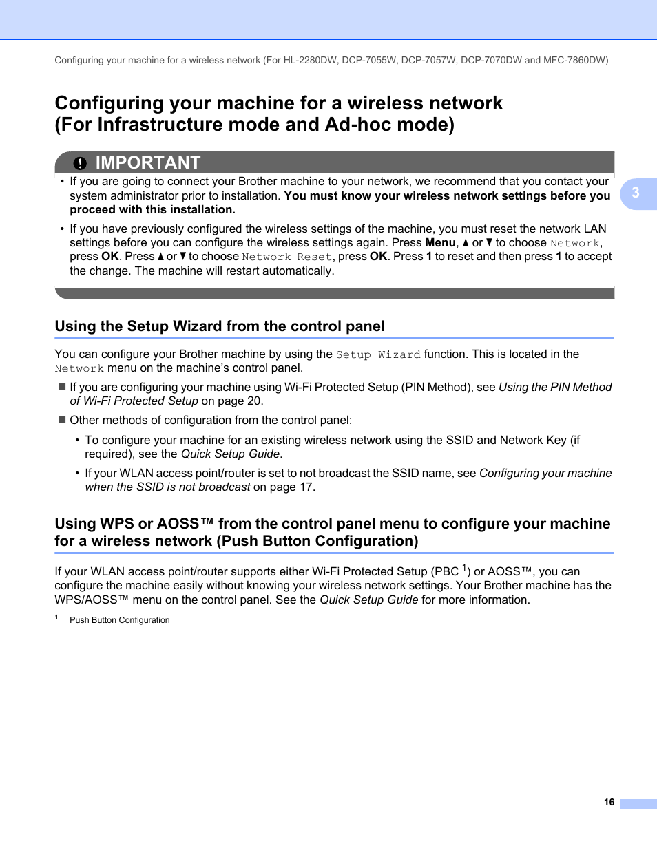 Using the setup wizard from the control panel, Configuring your machine for a wireless network, For infrastructure mode and ad-hoc mode) | Network (push button configuration), Important | Brother MFC 7460DN User Manual | Page 21 / 82