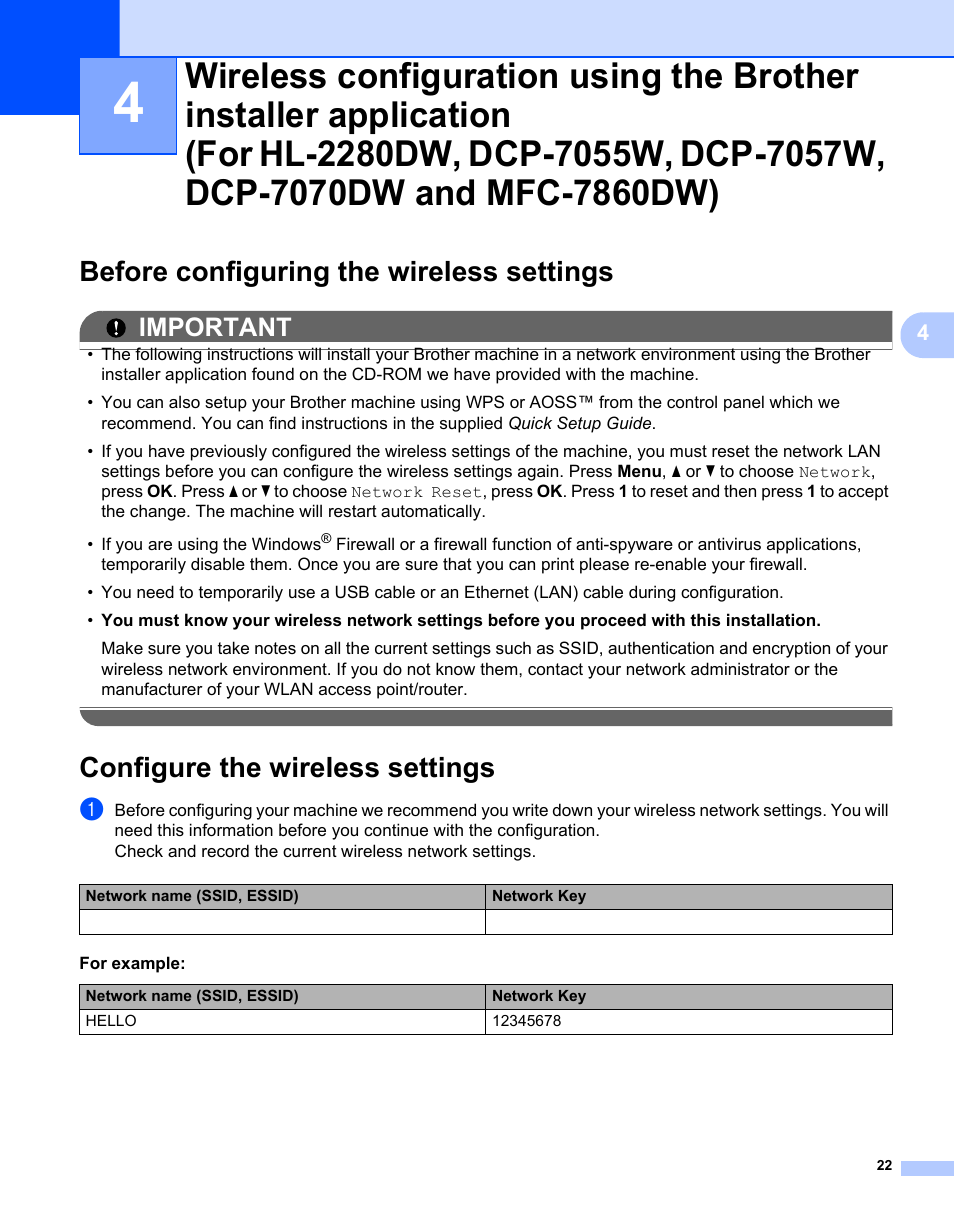 Before configuring the wireless settings, Configure the wireless settings, Important | Brother MFC 7460DN User Manual | Page 27 / 82