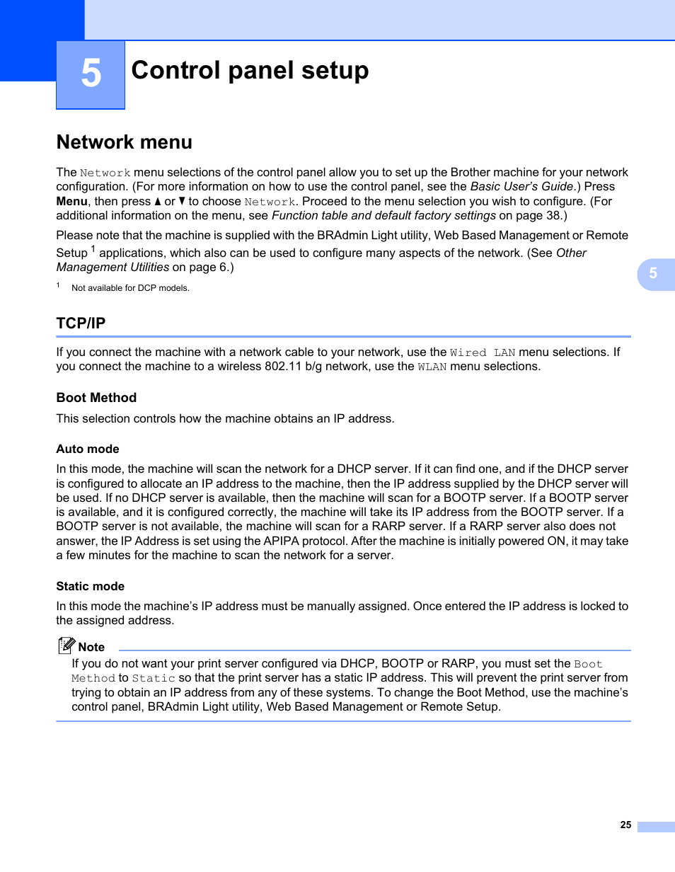 5 control panel setup, Network menu, Tcp/ip | Boot method, Control panel setup | Brother MFC 7460DN User Manual | Page 30 / 82