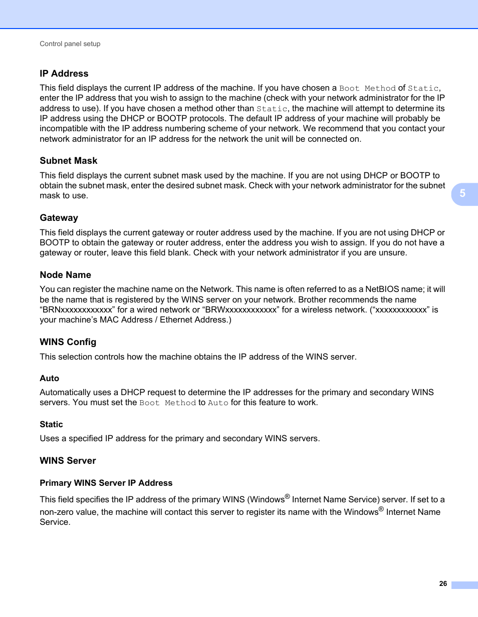 Ip address, Subnet mask, Gateway | Node name, Wins config, Wins server, Primary wins server ip address, Internet name service | Brother MFC 7460DN User Manual | Page 31 / 82