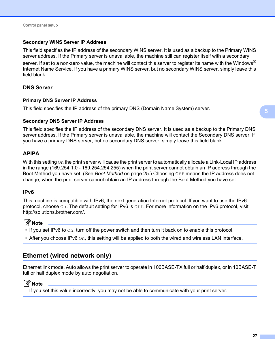 Dns server, Apipa, Ipv6 | Ethernet (wired network only), Secondary wins server ip address, Primary dns server ip address | Brother MFC 7460DN User Manual | Page 32 / 82
