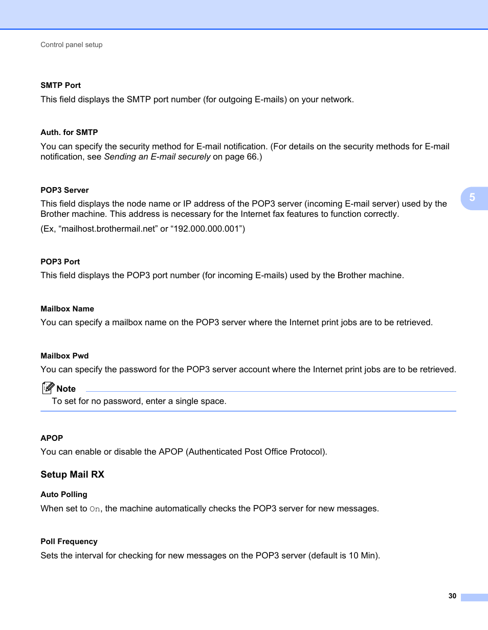 Setup mail rx | Brother MFC 7460DN User Manual | Page 35 / 82