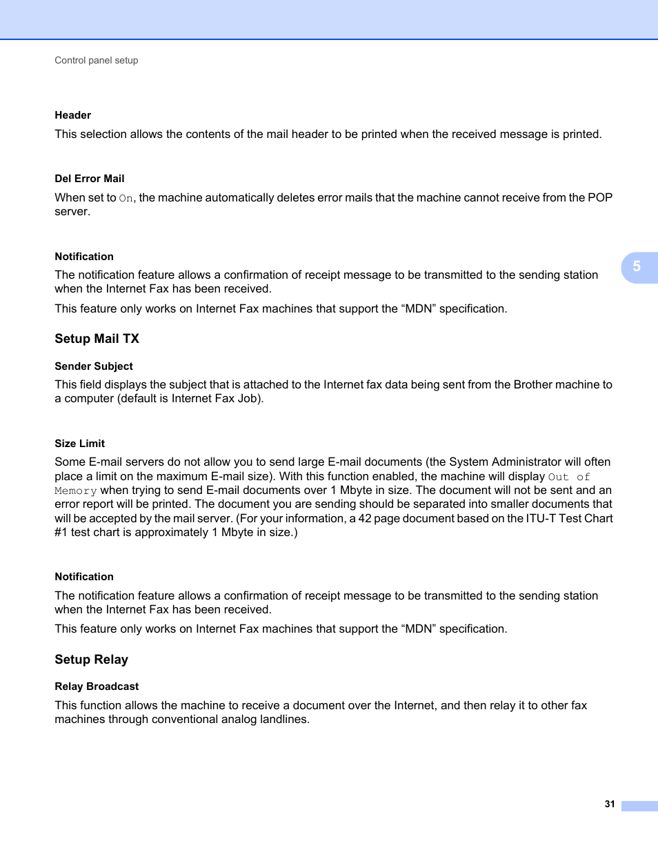 Setup mail tx, Setup relay | Brother MFC 7460DN User Manual | Page 36 / 82