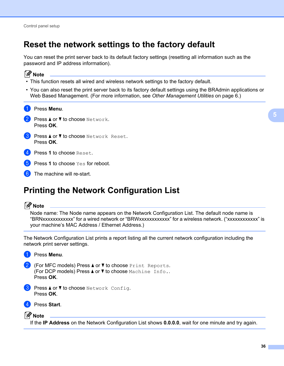 Reset the network settings to the factory default, Printing the network configuration list | Brother MFC 7460DN User Manual | Page 41 / 82