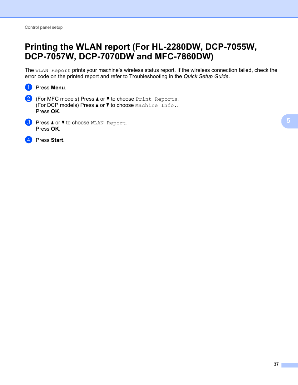 Printing the wlan report | Brother MFC 7460DN User Manual | Page 42 / 82