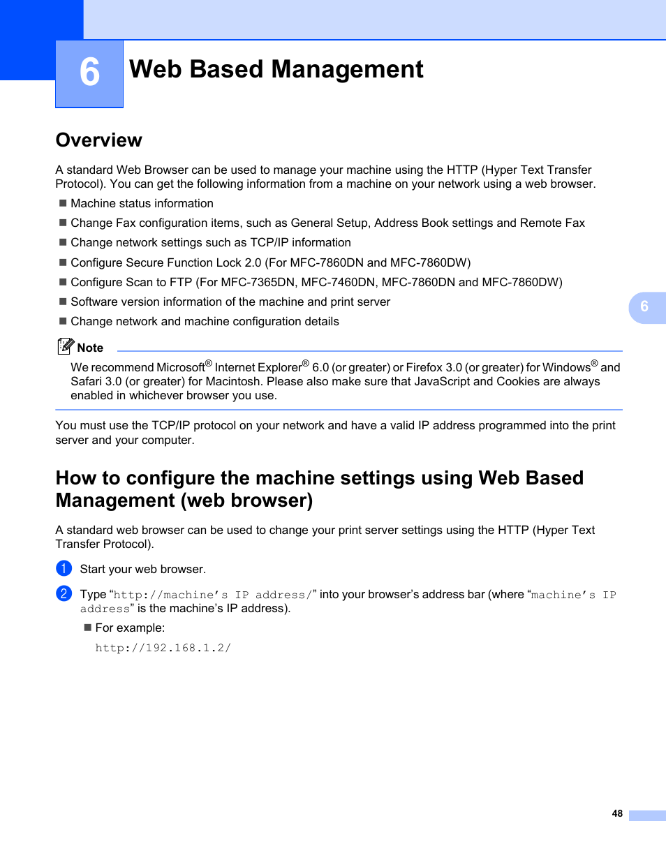 6 web based management, Overview, Web based management | Brother MFC 7460DN User Manual | Page 53 / 82