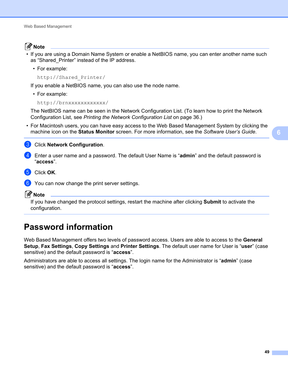 Password information | Brother MFC 7460DN User Manual | Page 54 / 82