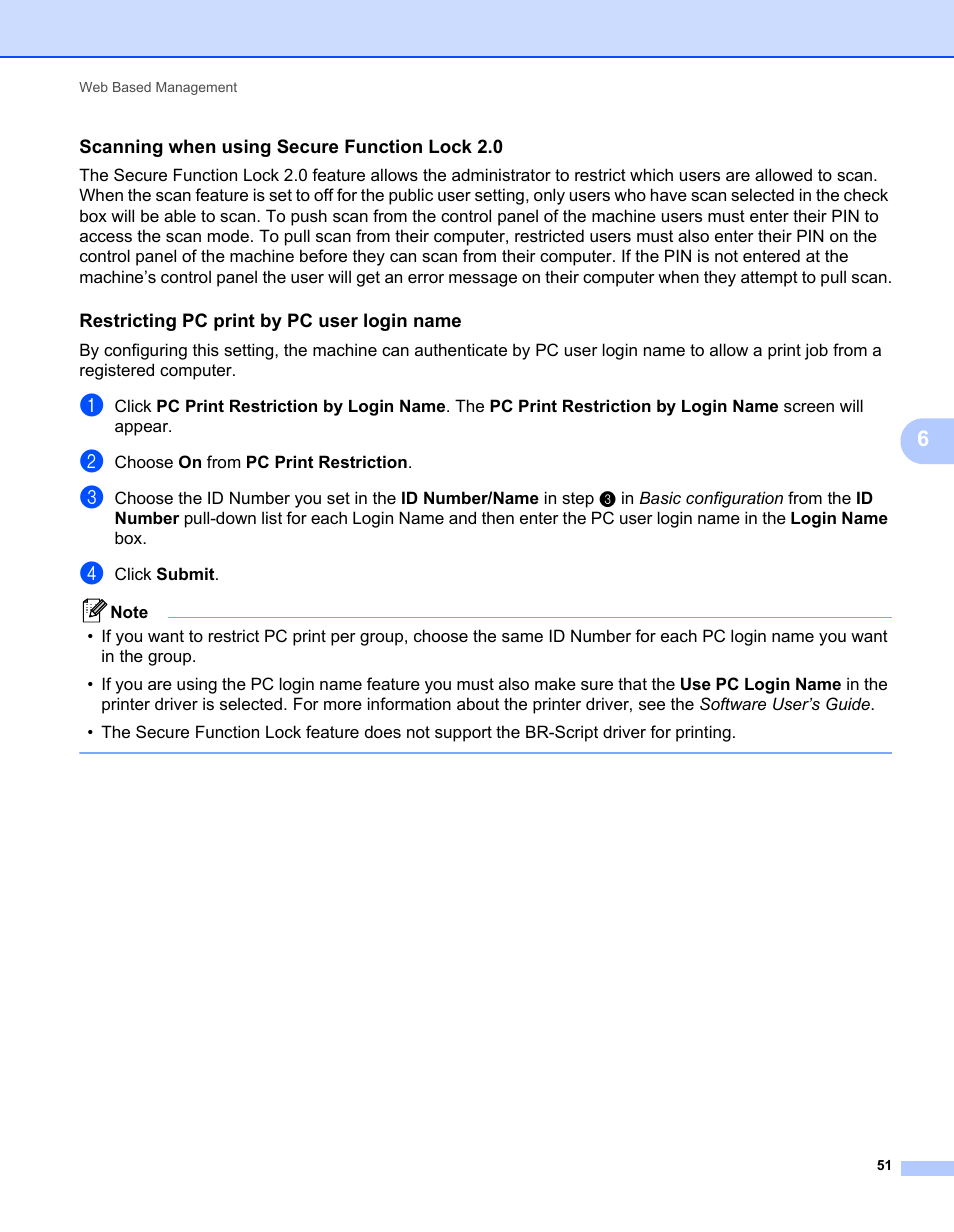 Scanning when using secure function lock 2.0, Restricting pc print by pc user login name | Brother MFC 7460DN User Manual | Page 56 / 82