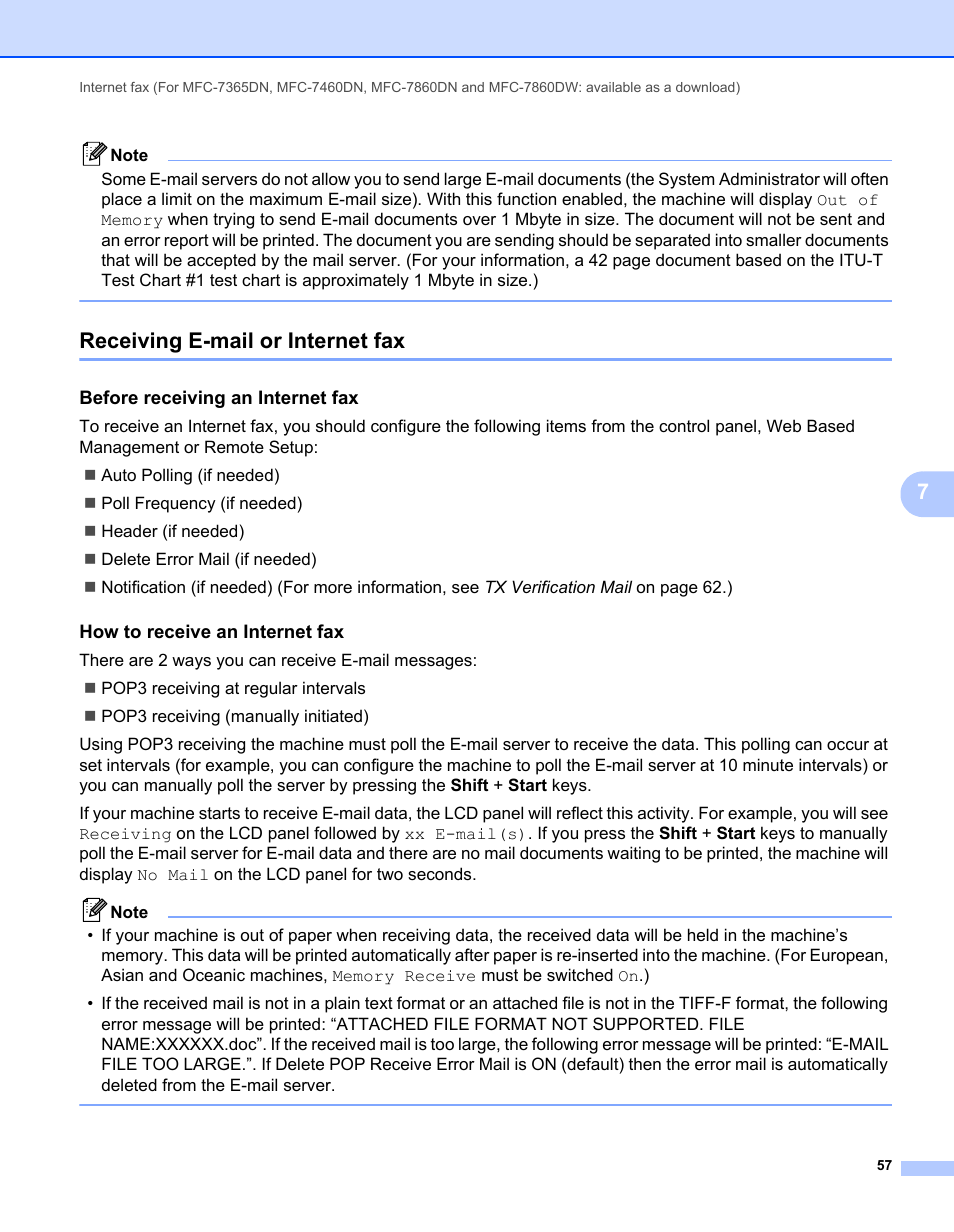 Receiving e-mail or internet fax, Before receiving an internet fax, How to receive an internet fax | Brother MFC 7460DN User Manual | Page 62 / 82