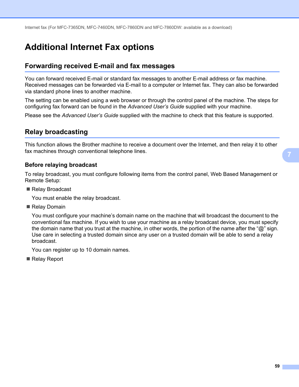 Additional internet fax options, Forwarding received e-mail and fax messages, Relay broadcasting | Before relaying broadcast | Brother MFC 7460DN User Manual | Page 64 / 82