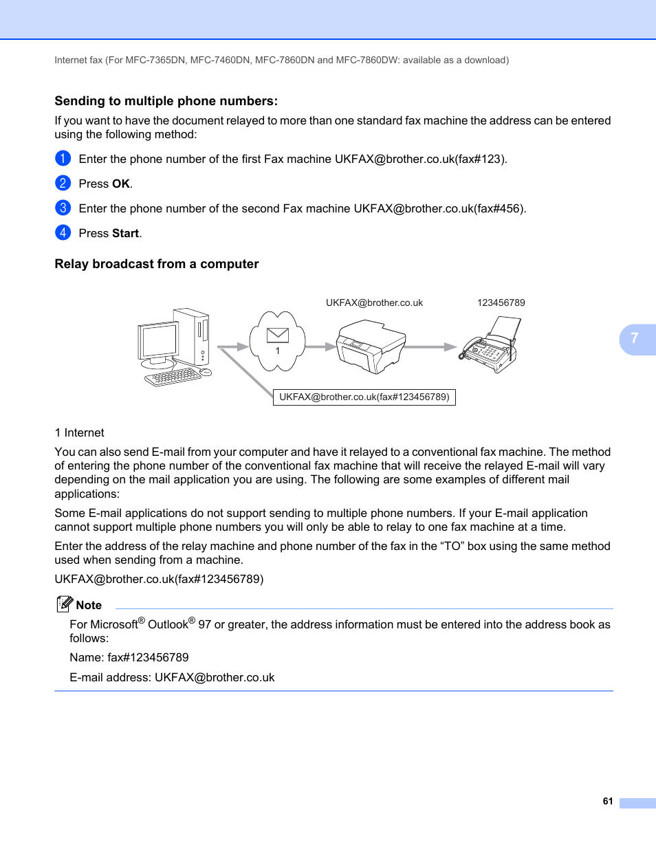 Sending to multiple phone numbers, Relay broadcast from a computer | Brother MFC 7460DN User Manual | Page 66 / 82