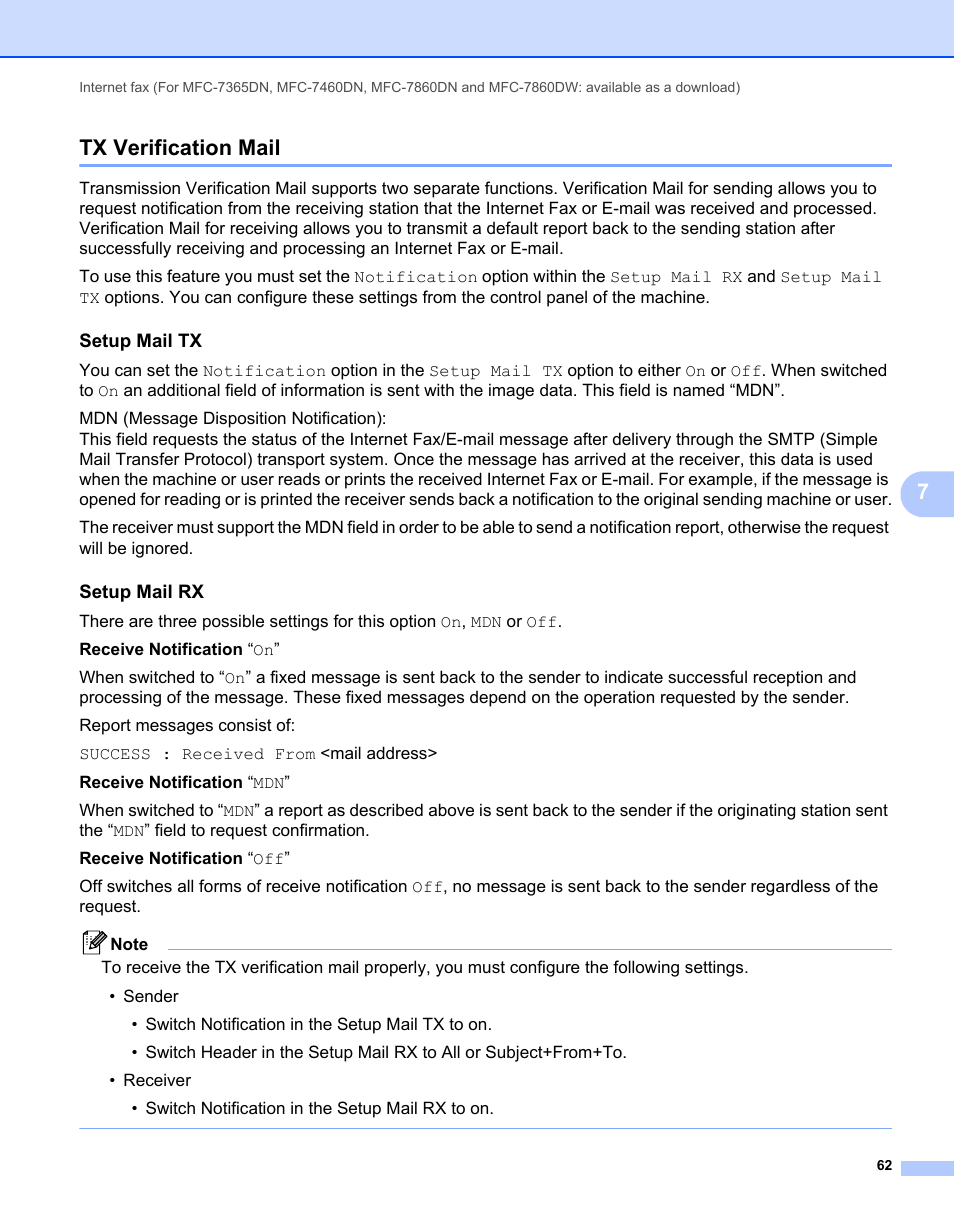 Tx verification mail, Setup mail tx, Setup mail rx | 7tx verification mail | Brother MFC 7460DN User Manual | Page 67 / 82