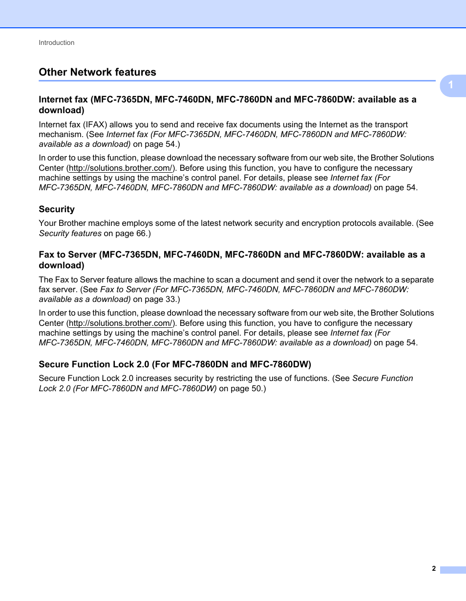 Other network features, Security, 1other network features | Brother MFC 7460DN User Manual | Page 7 / 82