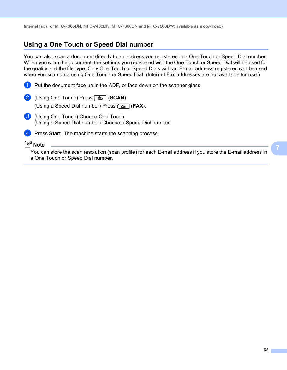 Using a one touch or speed dial number, 7using a one touch or speed dial number | Brother MFC 7460DN User Manual | Page 70 / 82