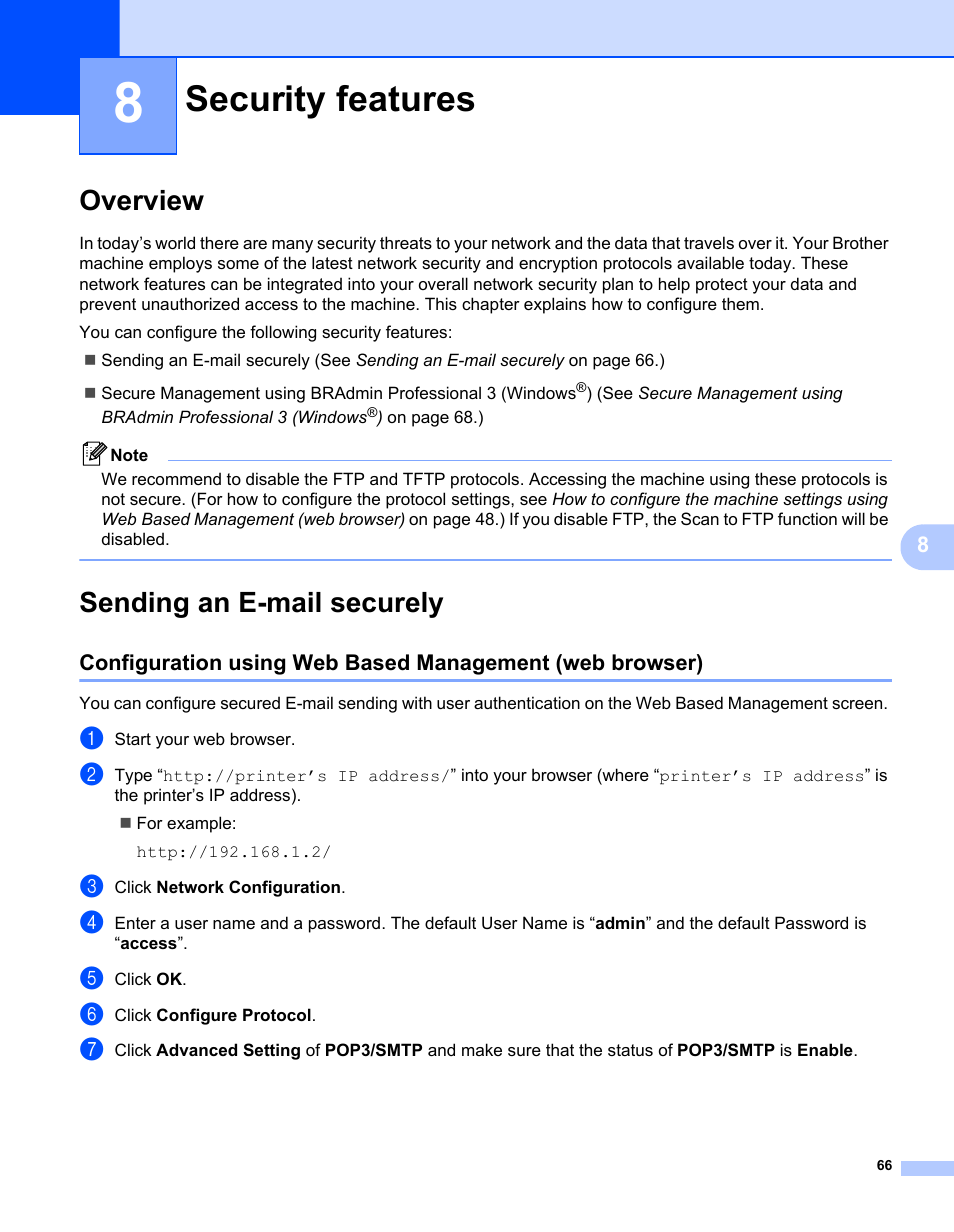 8 security features, Overview, Sending an e-mail securely | Security features, Overview sending an e-mail securely | Brother MFC 7460DN User Manual | Page 71 / 82