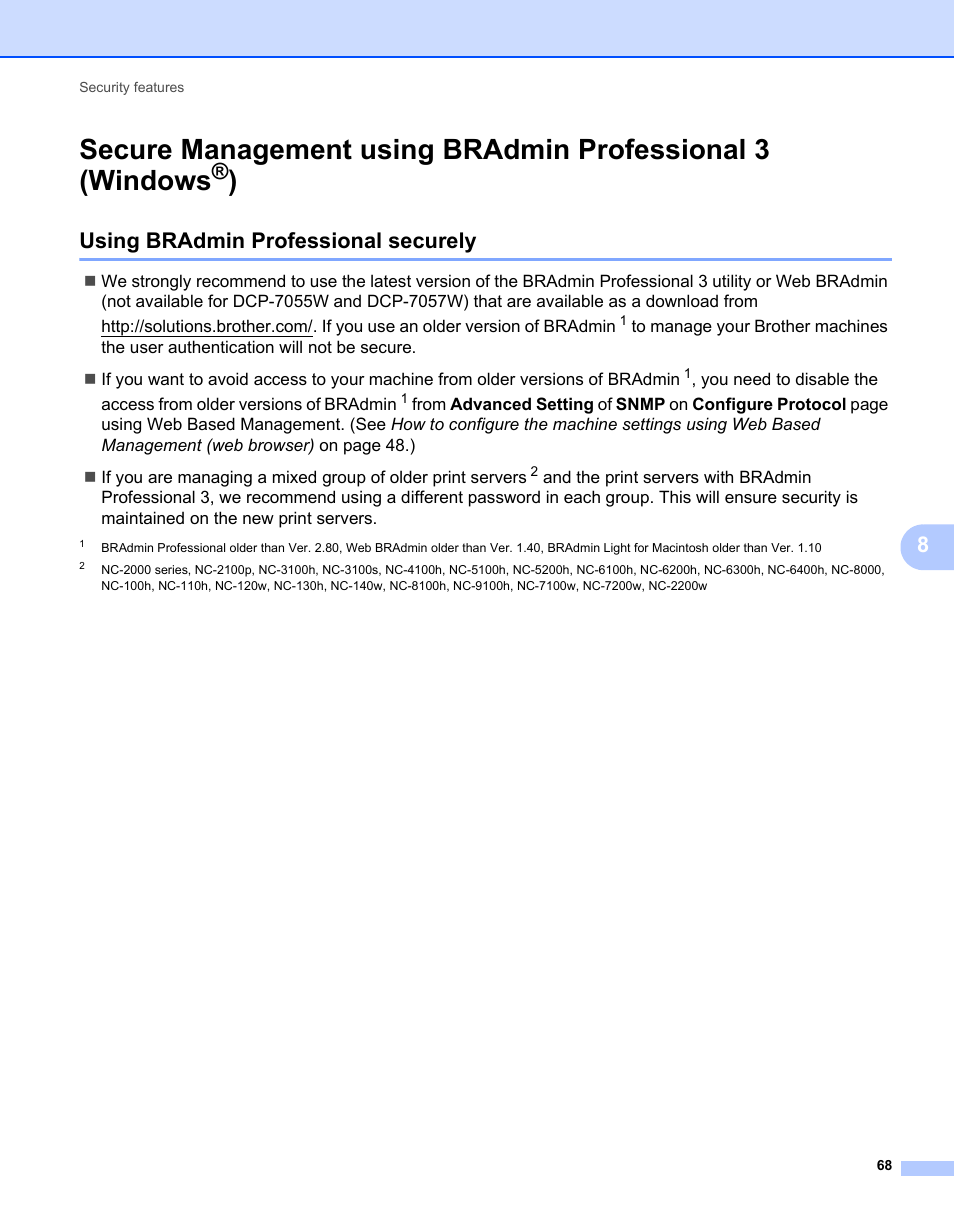 Using bradmin professional securely, Secure management using, Bradmin professional 3 (windows | Brother MFC 7460DN User Manual | Page 73 / 82