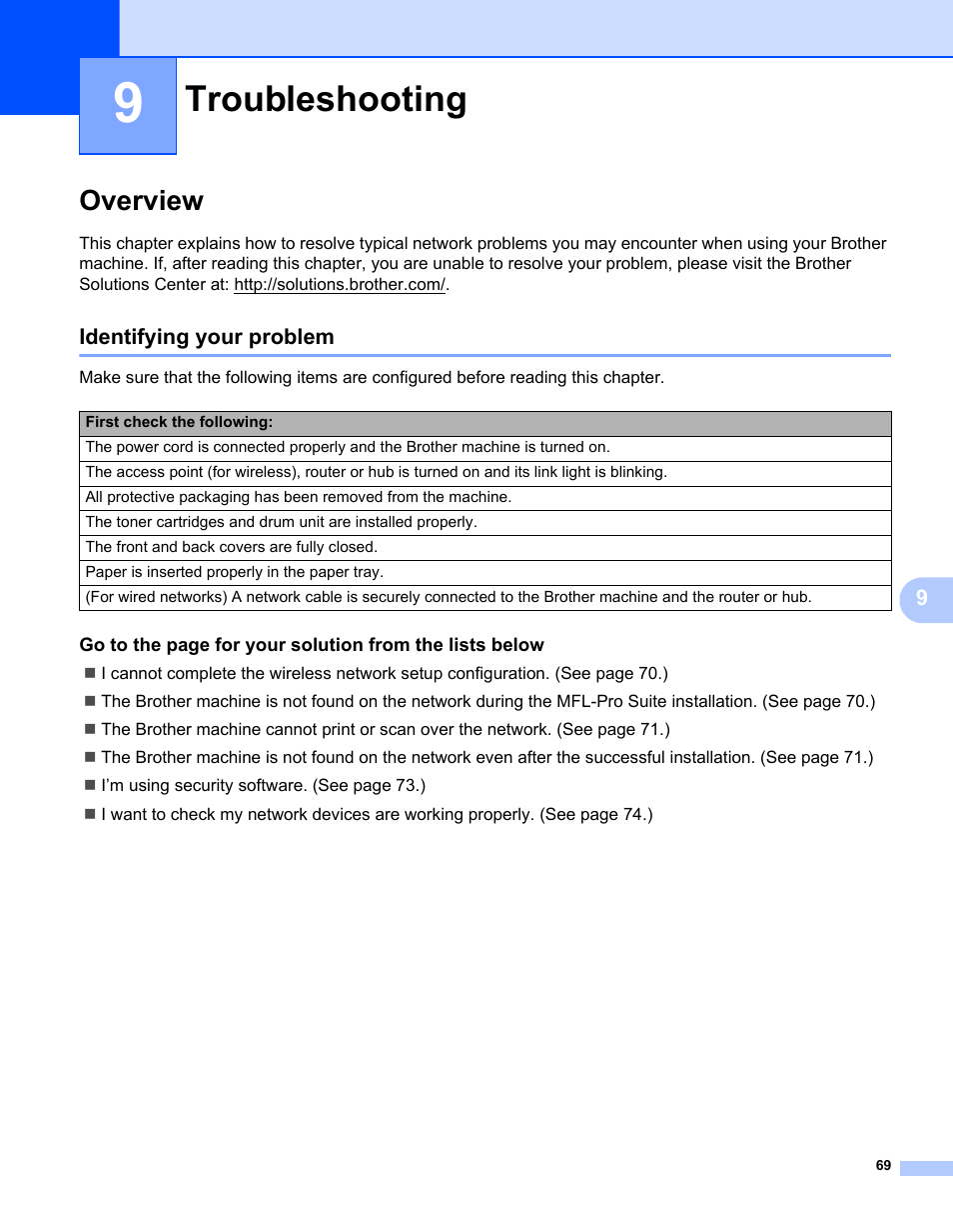 9 troubleshooting, Overview, Identifying your problem | Troubleshooting | Brother MFC 7460DN User Manual | Page 74 / 82