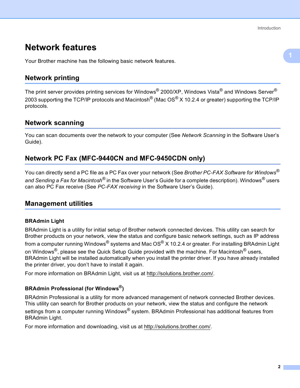 Network features, Network printing, Network scanning | Network pc fax (mfc-9440cn and mfc-9450cdn only), Management utilities | Brother MFC-9440CN User Manual | Page 10 / 103