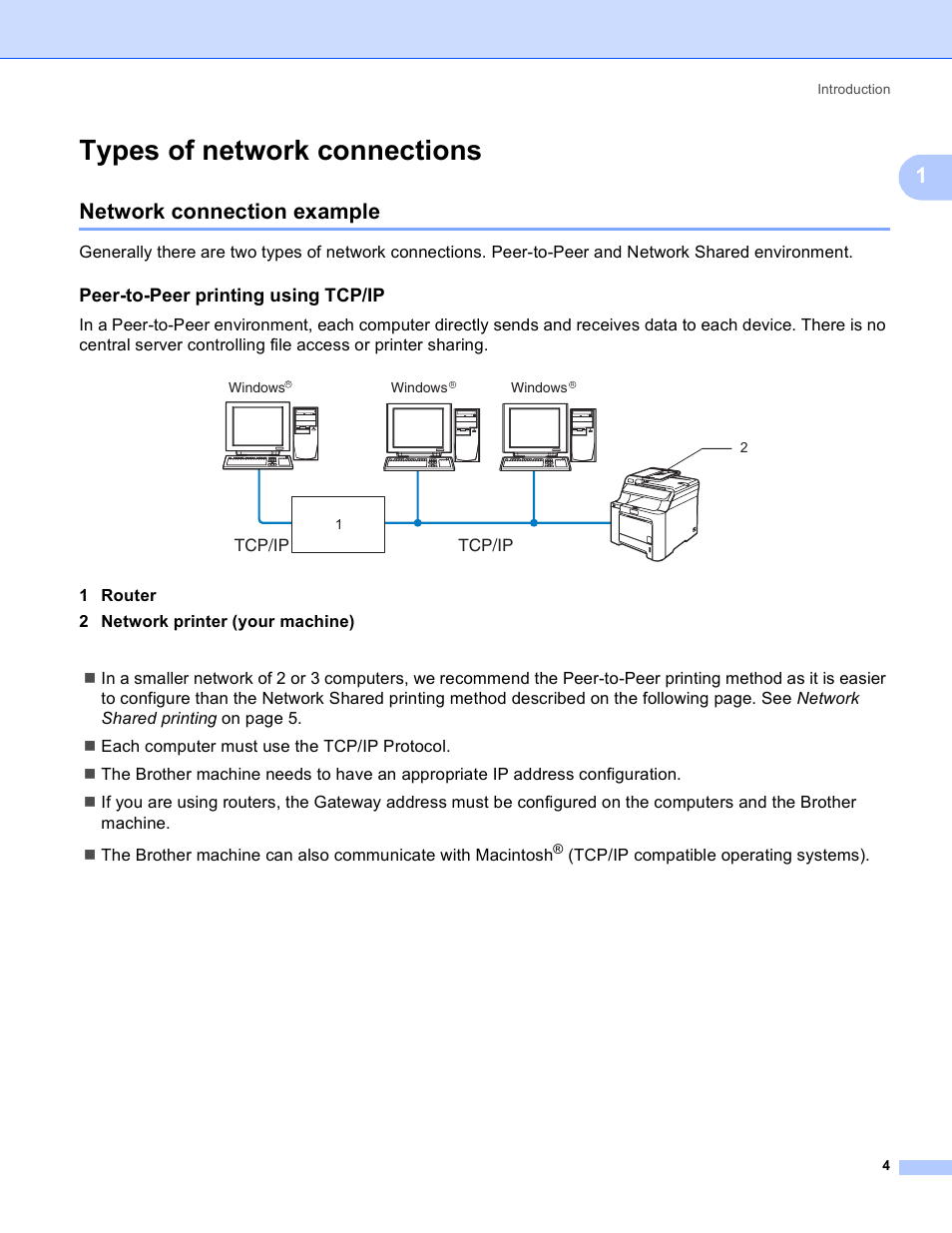 Types of network connections, Network connection example, Peer-to-peer printing using tcp/ip | Brother MFC-9440CN User Manual | Page 12 / 103