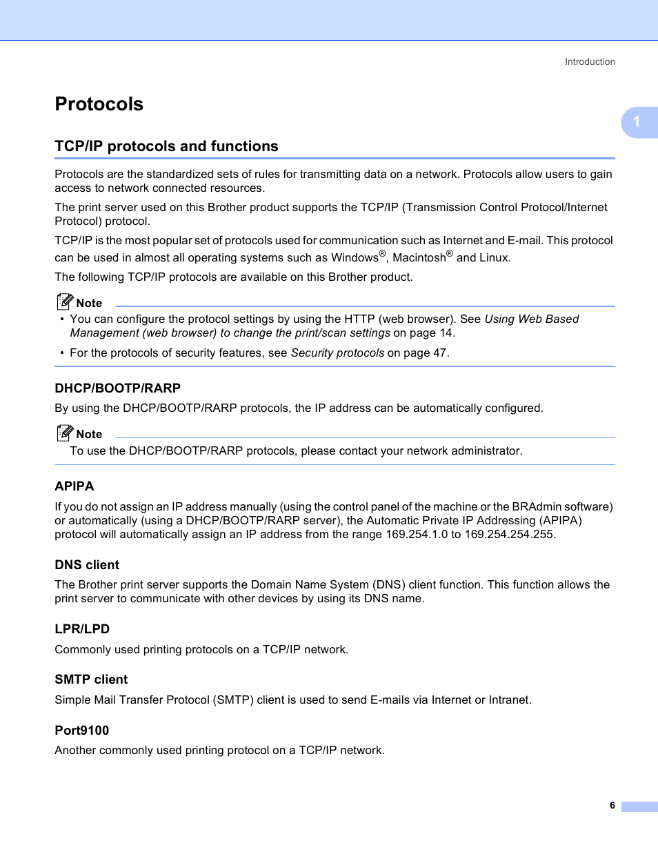 Protocols, Tcp/ip protocols and functions, Dhcp/bootp/rarp | Apipa, Dns client, Lpr/lpd, Smtp client, Port9100 | Brother MFC-9440CN User Manual | Page 14 / 103