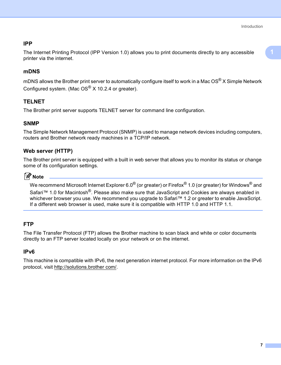 Mdns, Telnet, Snmp | Web server (http), Ipv6 | Brother MFC-9440CN User Manual | Page 15 / 103