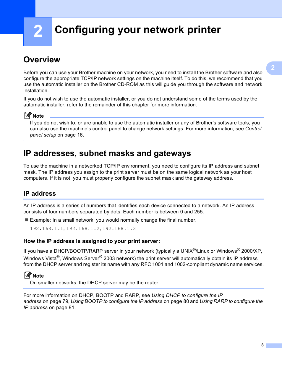 2 configuring your network printer, Overview, Ip addresses, subnet masks and gateways | Ip address, Configuring your network printer, Overview ip addresses, subnet masks and gateways | Brother MFC-9440CN User Manual | Page 16 / 103