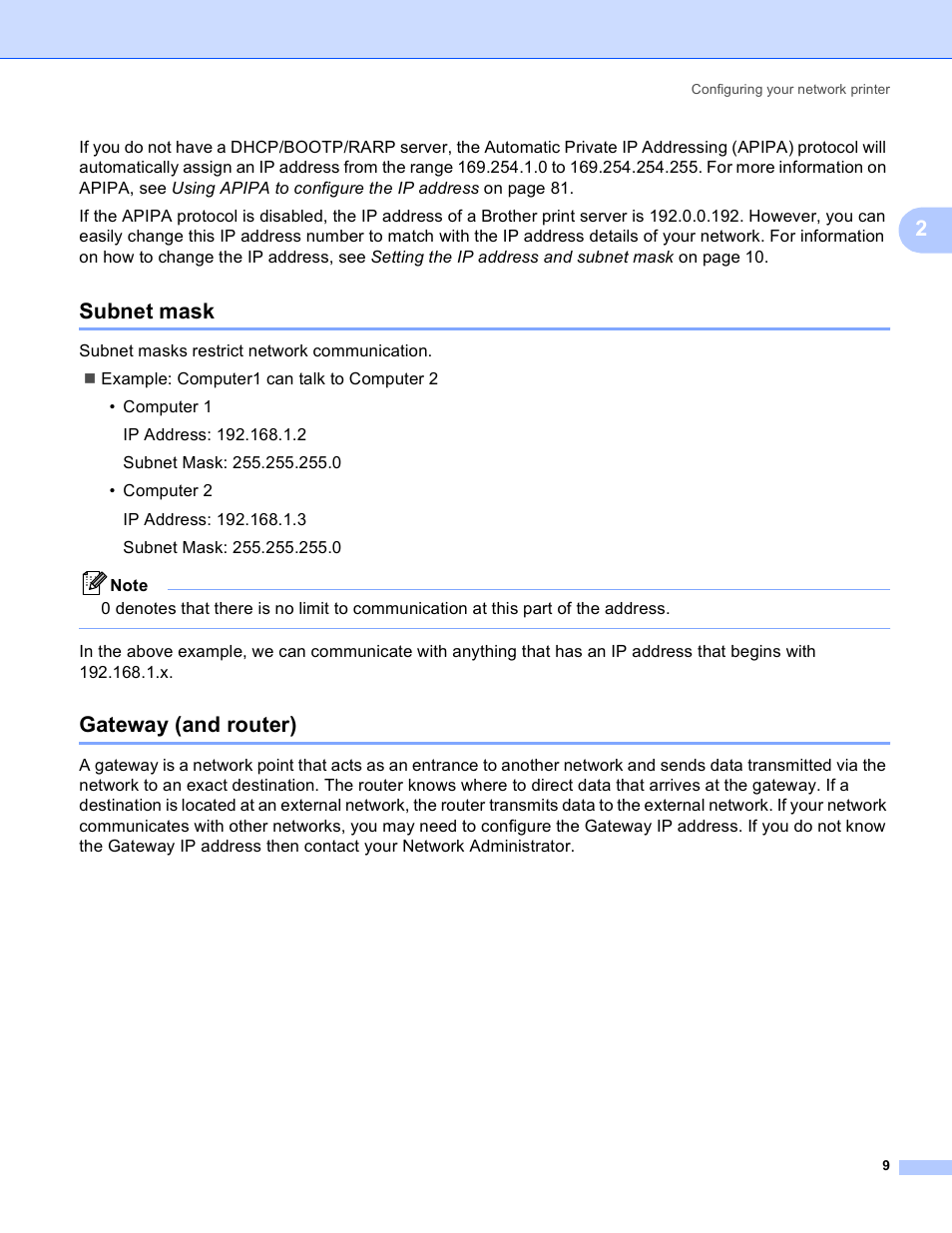 Subnet mask, Gateway (and router), Subnet mask gateway (and router) | Brother MFC-9440CN User Manual | Page 17 / 103