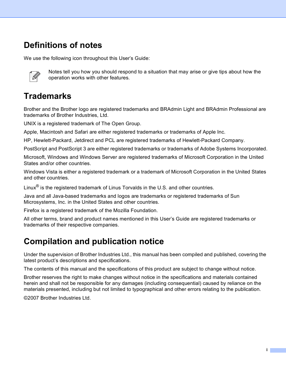 Trademarks, Compilation and publication notice | Brother MFC-9440CN User Manual | Page 2 / 103