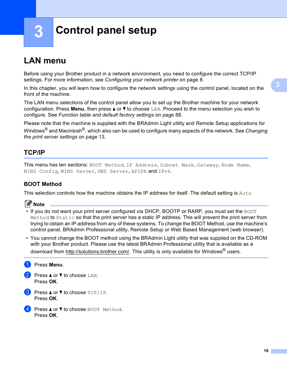 3 control panel setup, Lan menu, Tcp/ip | Boot method, Control panel setup | Brother MFC-9440CN User Manual | Page 24 / 103