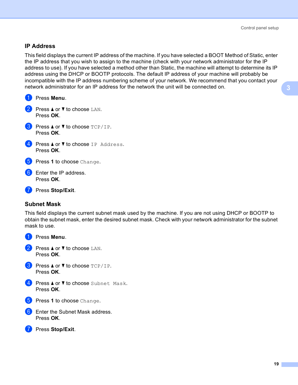 Ip address, Subnet mask | Brother MFC-9440CN User Manual | Page 27 / 103