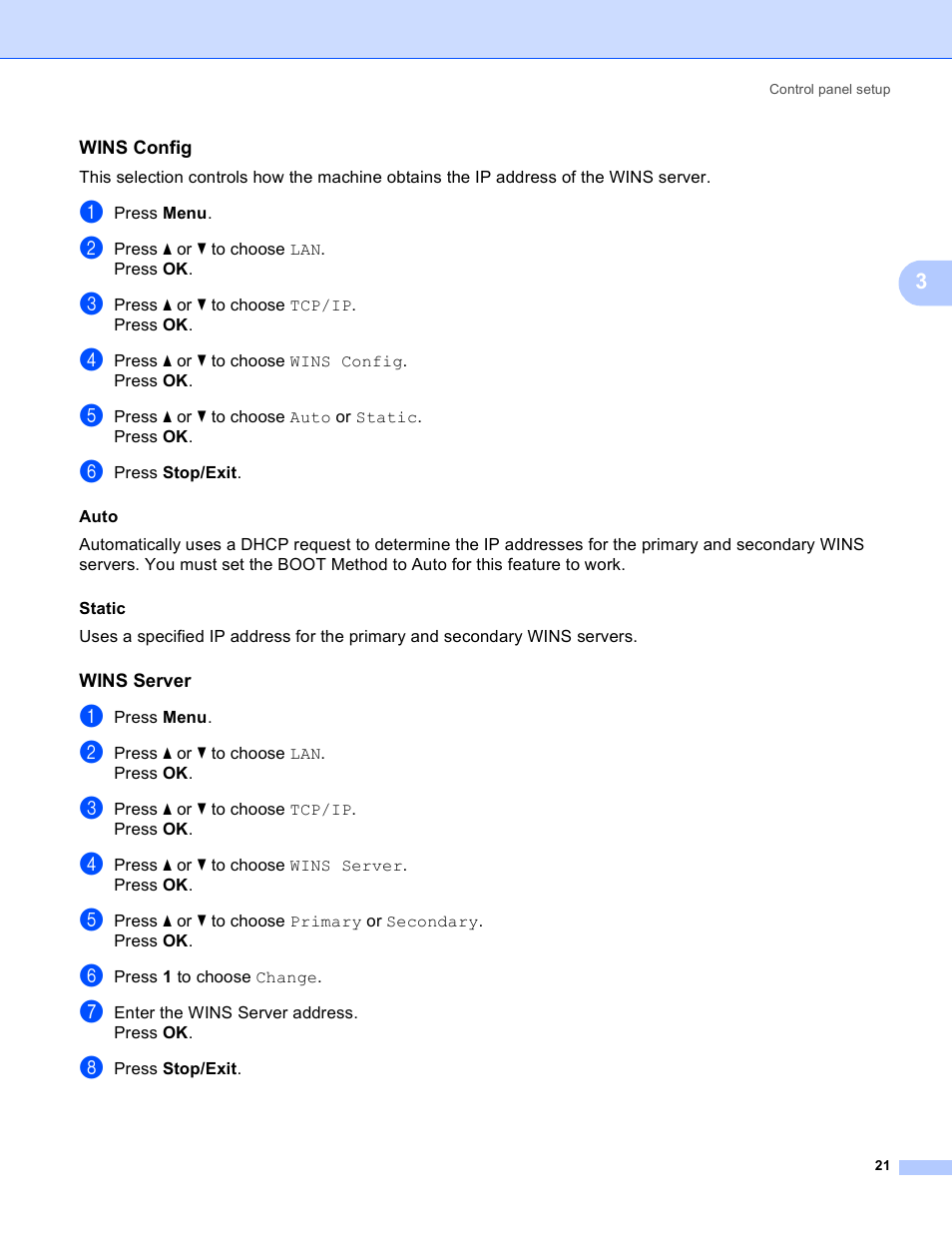Wins config, Wins server | Brother MFC-9440CN User Manual | Page 29 / 103