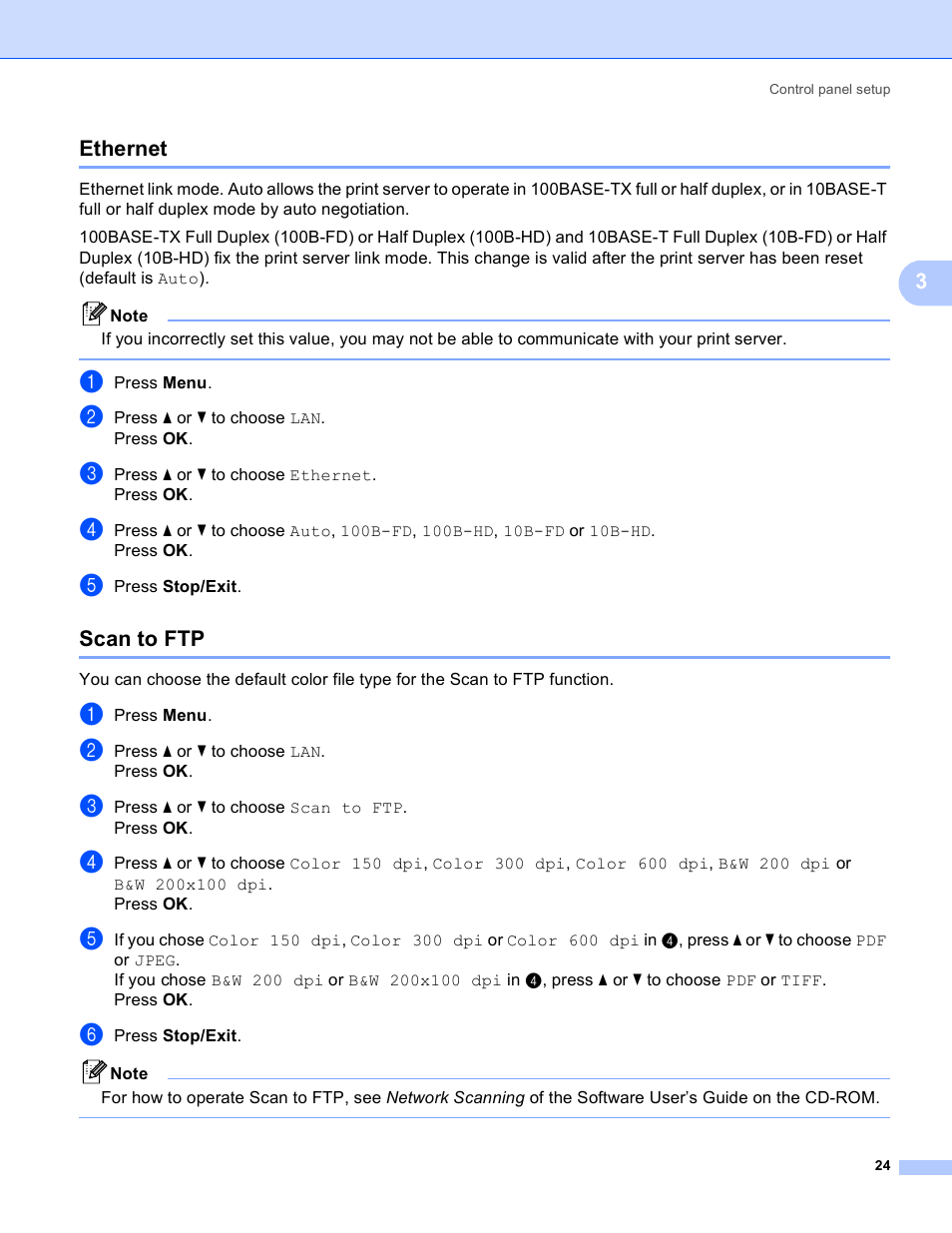 Ethernet, Scan to ftp, Ethernet scan to ftp | 3ethernet | Brother MFC-9440CN User Manual | Page 32 / 103