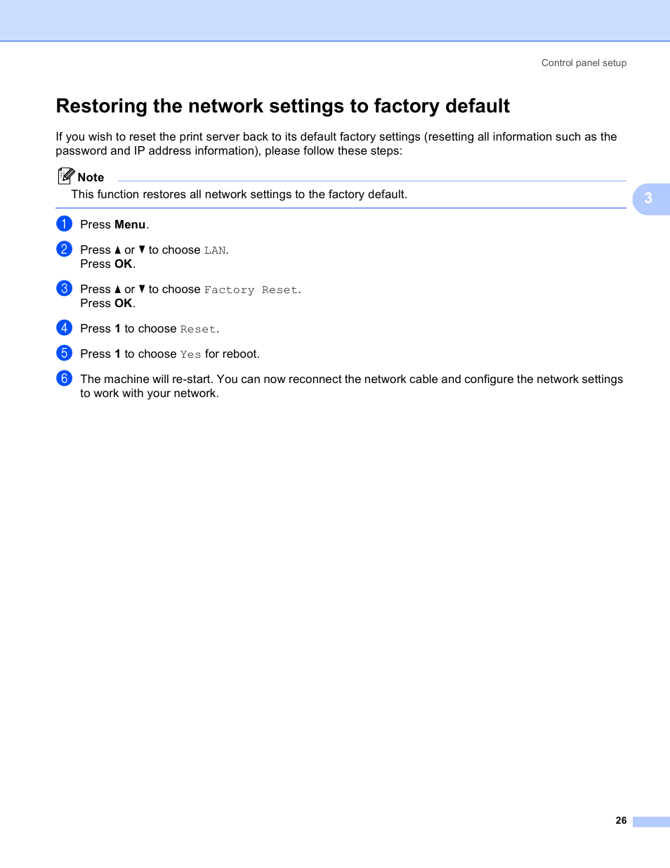 Restoring the network settings to factory default | Brother MFC-9440CN User Manual | Page 34 / 103