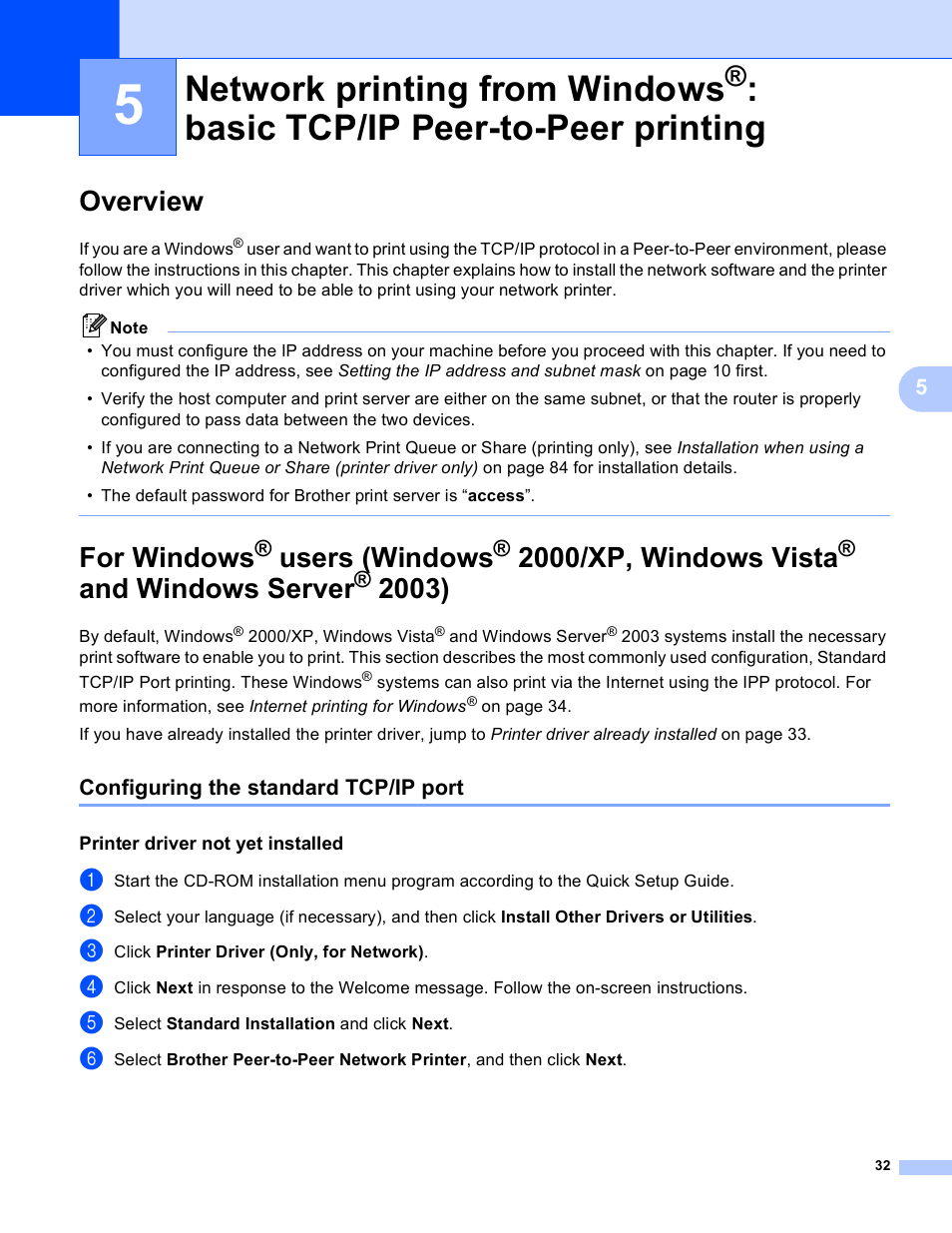 Overview, Configuring the standard tcp/ip port, Printer driver not yet installed | Network printing from windows, Basic tcp/ip peer-to-peer printing, Overview for windows, Users (windows, 2000/xp, windows vista, And windows server, For windows | Brother MFC-9440CN User Manual | Page 40 / 103