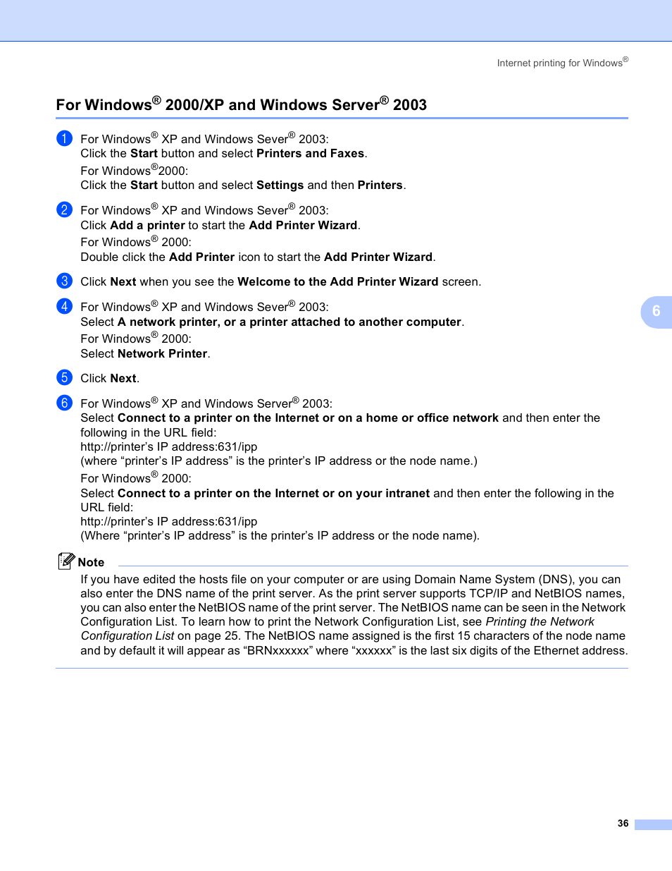 For windows® 2000/xp and windows server® 2003, For windows, 2000/xp and windows server | 6for windows | Brother MFC-9440CN User Manual | Page 44 / 103