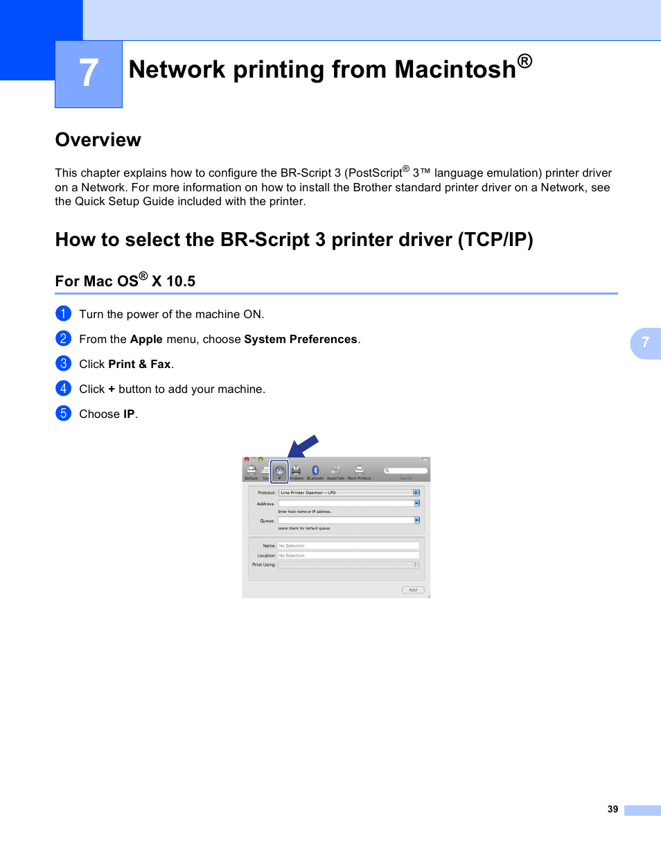 7 network printing from macintosh, Overview, For mac os® x 10.5 | Network printing from macintosh, For mac os, X 10.5 | Brother MFC-9440CN User Manual | Page 47 / 103
