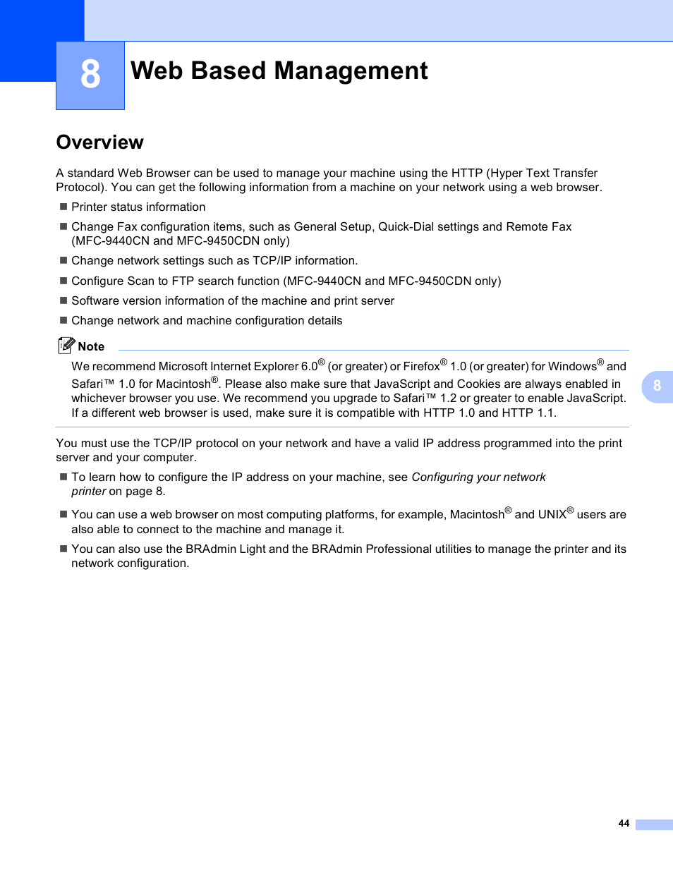 8 web based management, Overview, Web based management | Brother MFC-9440CN User Manual | Page 52 / 103