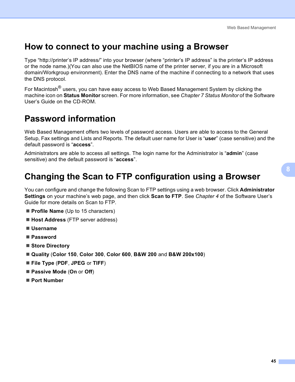 How to connect to your machine using a browser, Password information | Brother MFC-9440CN User Manual | Page 53 / 103