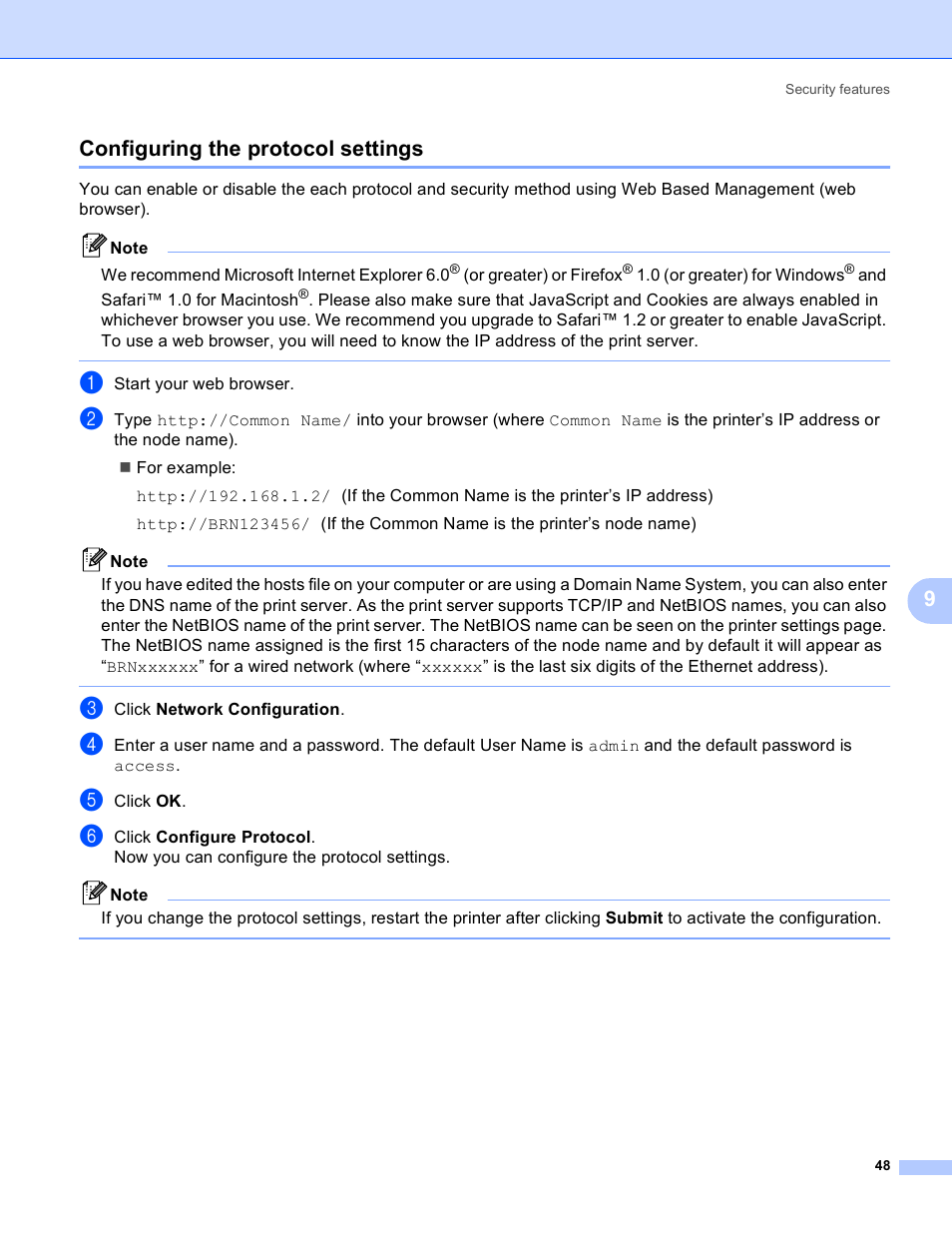 Configuring the protocol settings, 9configuring the protocol settings | Brother MFC-9440CN User Manual | Page 56 / 103