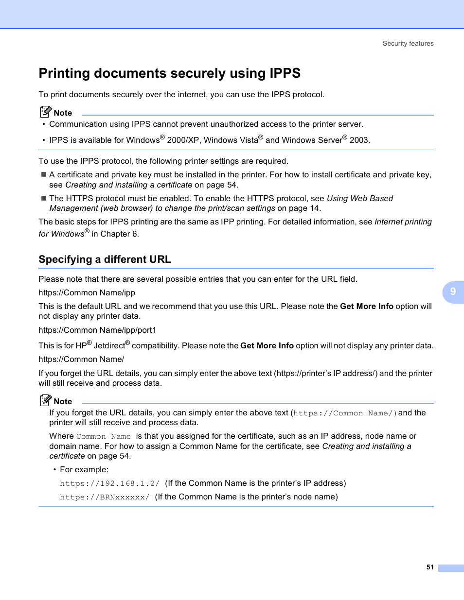 Printing documents securely using ipps, Specifying a different url | Brother MFC-9440CN User Manual | Page 59 / 103