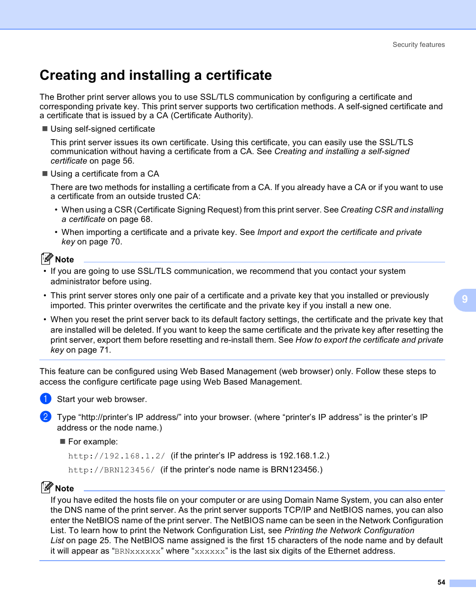 Creating and installing a certificate | Brother MFC-9440CN User Manual | Page 62 / 103