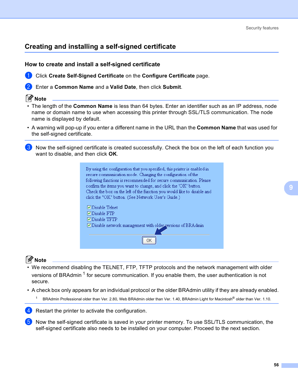 Creating and installing a self-signed certificate, Creating and installing a self-signed, 9creating and installing a self-signed certificate | Brother MFC-9440CN User Manual | Page 64 / 103